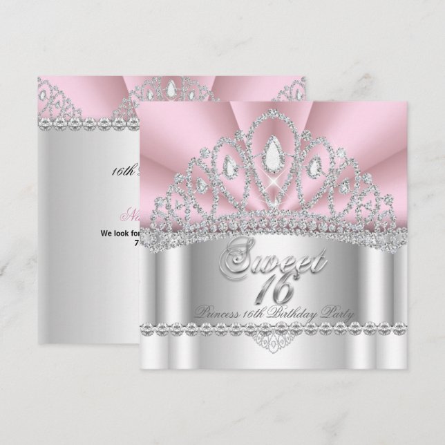 Convites Doce 16 princesa cor-de-rosa Diamante branco Tiara (Frente/Verso)