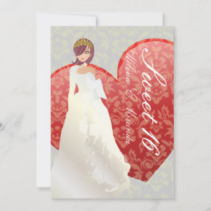Convites Doce 16/princesa + coração damask
