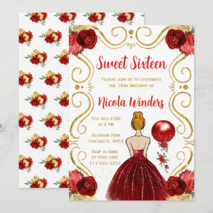 Convites Doce 16 princesa de cabelo vermelho