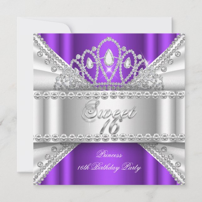 Convites Doce 16 Princesa Diamante Branco Roxo Tiara (Frente)