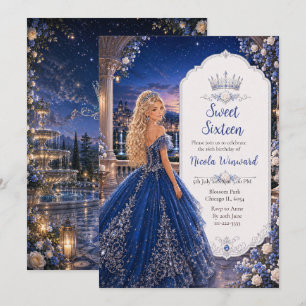 Convites Doce 16 Princesa Jardim Azul Meia-Noite
