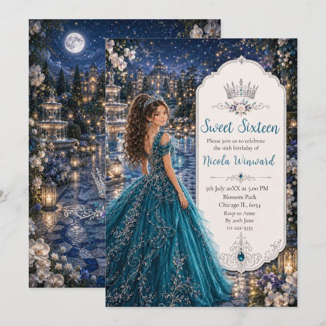 Convites Doce 16 Princesa Jardim Azul Turquesa (Frente/Verso)