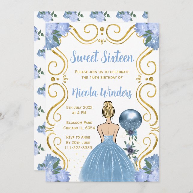 Convites Doce 16 princesa loira em azul (Frente/Verso)