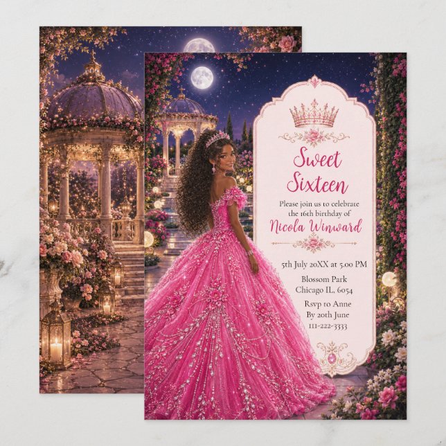 Convites Doce 16 Princesa Real Rosa (Frente/Verso)