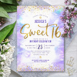 Convites Doce 16 Purple Watercolor Dourado Girly Aniversári<br><div class="desc">"Feliz Doce 16". Envie este convite de festas maravilhoso, simples, festivo, moderno, personalizado para um evento a se lembrar. Folha de ouro brilhante e minúsculos pontos brilhantes de confetti e script de tipografia sobrepõem um fundo de aquarela roxa mole. Personalize o texto personalizado com o nome da sua filha e...</div>