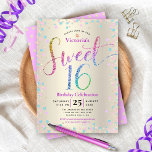 Convites Doce 16 Rainbow Glitter Confetti Dourado Aniversár<br><div class="desc">"Feliz Doce 16". Envie este convite de festas impressionante, brilhante, giro, festivo, moderno, personalizado para um evento que se lembre. A tipografia do arco-íris com escrita brilhante, juntamente com turquesa festiva, cor-de-rosa púrpura e confete dourado, sobrepõe um fundo metálico de folha de ouro de champanhe. Um padrão dourado de ponto...</div>
