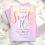 Convites Doce 16 Rainbow Glitter Confetti Ombre Aniversário<br><div class="desc">"Feliz Doce 16". Envie este convite de festas impressionante, brilhante, giro, festivo, moderno, personalizado para um evento que se lembre. A tipografia do arco-íris com escrita brilhante, juntamente com turquesa festiva, cor-de-rosa púrpura e confete dourado, sobrepõe um fundo metálico de folha de papel ombre arco-íris. Um padrão dourado de ponto...</div>