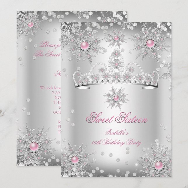 Convites Doce 16 Rosa Claro Prata Natal de Inverno (Frente/Verso)