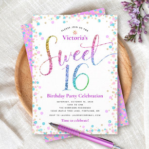Convites Doce 16 Rosa Dourado Azul Brilho Pontos Aniversári