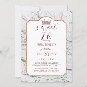 Convites Doce 16 Rosa, Princesa Dourada, mármore branco