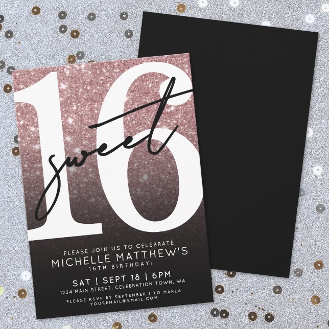 Convites Doce, 16 rosa, rosa, Dourada, 16.º aniversário (Sweet Sixteen Pink Rose Gold Glitter 16th Birthday Invitation)