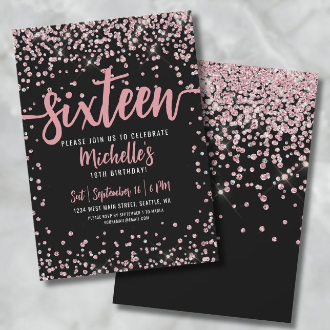 Convites Doce, 16 rosa, rosa, Dourada, 16.º aniversário (16th Rose Gold Glitter Sweet Sixteen Birthday Invitation)