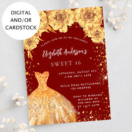 Convites Doce 16 rosas de roupas de glitter de ouro vermelh
