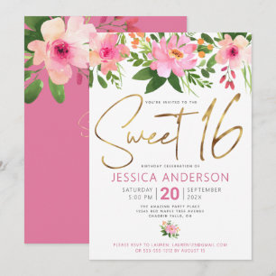 Convites Doce 16 Roteiro Dourado Rosa Floral Aquarela