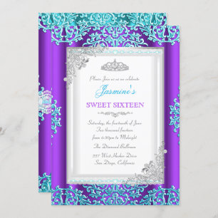 Convites Doce 16 Roxo Lace Teal Silver Damask Tiara