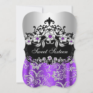 Convites Doce 16 Roxo Prata Preto Floral Jóia Festa