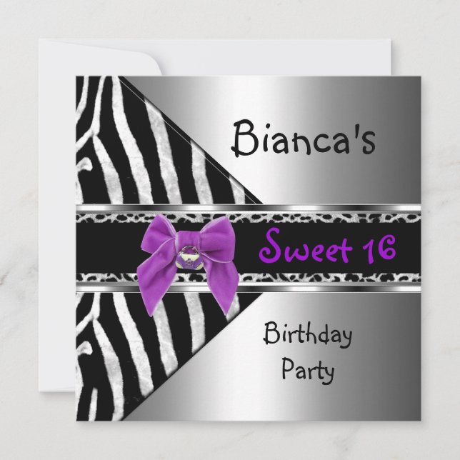 Convites Doce 16 Roxo Prata Preto Zebra Leopardo (Frente)