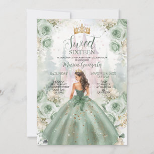 Convites Doce 16 Sage Green Princess Floral Castle
