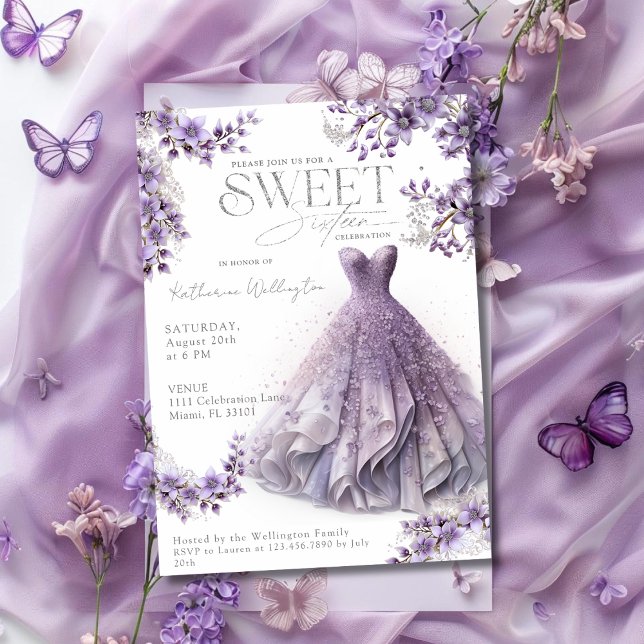 Convites Doce 16 Sessenta Roupa Lilac Roxo Floral (Sweet 16 Sixteen Purple Lilac Dress Floral Invitation)