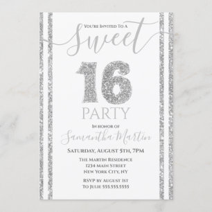 Convites Doce 16 Silver Faux Glitter Striped Aniversário