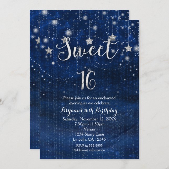 Convites Doce 16 Starry Night Silver e Blue Invitation (Frente/Verso)