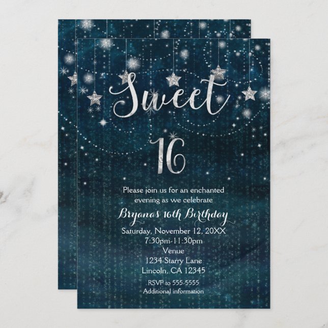 Convites Doce 16 Starry Night Silver e Blue Invitation (Frente/Verso)