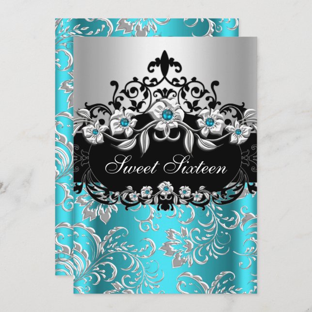 Convites Doce 16 Teal Silver Black Floral Jewel Party (Frente/Verso)