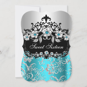 Convites Doce 16 Turquesa Prata Preto Floral Jóia Festa