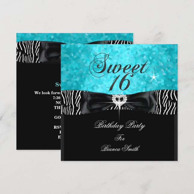 Convites Doce 16 Turquesa Preto Zebra (Frente/Verso)