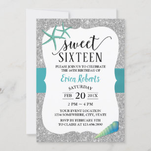 Convites Doce 16 Turquoise Beach Starfish Modern Silver