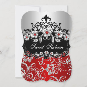 Convites Doce 16 Vermelho Prata Preto Floral Jóia Festa