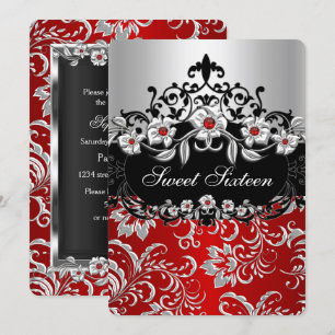 Convites Doce 16 Vermelho Prata Preto Floral Jóia Festa
