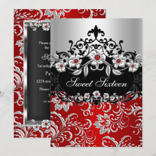 Convites Doce 16 Vermelho Prata Preto Floral Jóia Festa