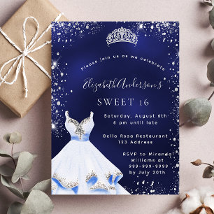 Convites Doce 16 vestido azul de tiara com brilho prateado