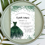 Convites Doce 16 vestido verde esmeralda luxo<br><div class="desc">Um convite moderno,  na moda e glamouroso para uma doce festa de aniversário 16,  16. Na frente: Um fundo branco com brilhos verdes,  um vestido verde esmeralda. O nome é escrito com um moderno estilo escrito à mão. Personalize e adicione os detalhes da sua festa.</div>