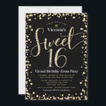 Convites Doce 16 Virtual Girly Black Glitter Aniversário Do<br><div class="desc">"Feliz Doce 16". Aqui está uma forma excelente de fazer com que sua filha ainda seja capaz de comemorar seu aniversário marcante com todos os seus amigos. Envie este convite de festas online impressionante, brilhante, giro, festivo, moderno, personalizado para um evento a lembrar. Dourada tipografia de script brilho e cobertura...</div>