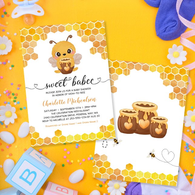 Convites Doce Abelha Chá de fraldas Colmeia Neutro (Sweet Bee Baby Shower Honeycombs Neutral Invitation)
