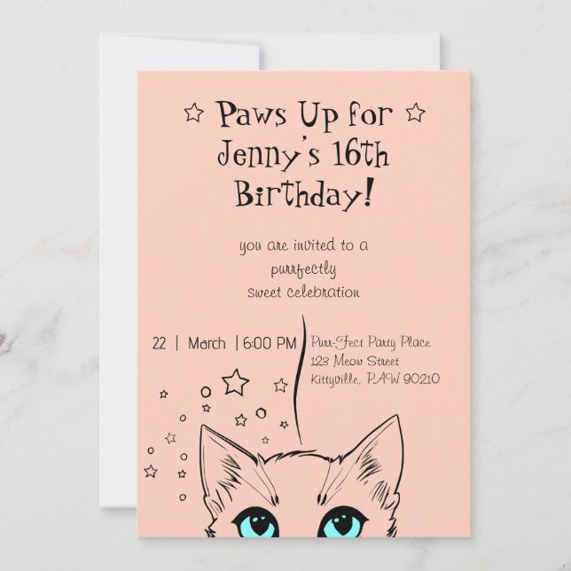 Convites Doce Aniversário de 16 anos com Tema de Gato (Frente)
