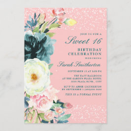 Convites Doce Aniversário de 16 anos Floral Creme Rosa Teal
