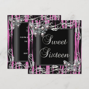 Convites Doce Aniversário de 16 Borboleta Zebra Preto Rosa