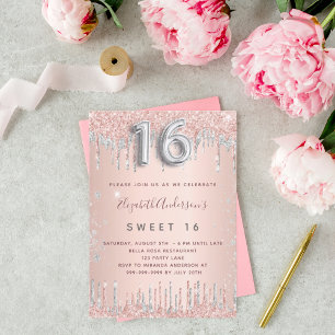 Convites Doce aniversário de 16 rosa dourados de prata
