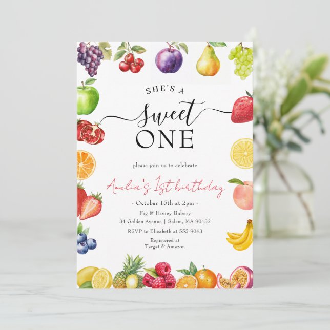 Convites Doce Aniversário de 1 Ano com Tema de Frutas para  (Em pé/Frente)
