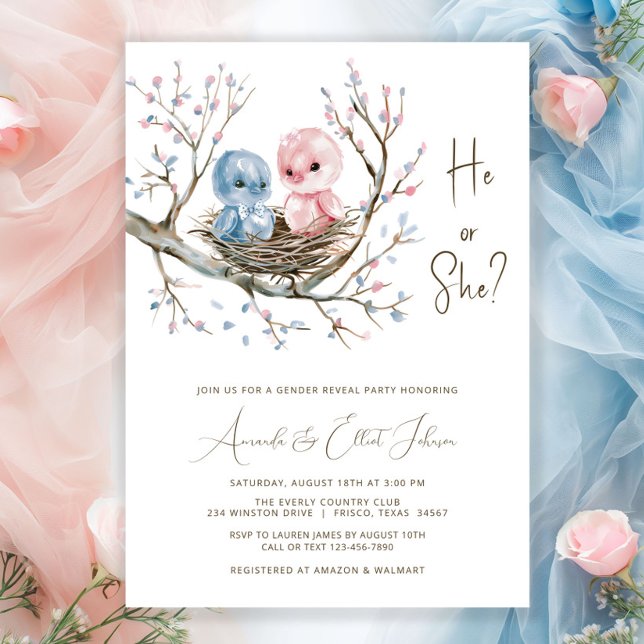 Convites Doce Aves Bebês Sexo Festa de Revenda (Sweet baby birds in a nest on a pretty pink and blue flower tree branch gender reveal invitation. )