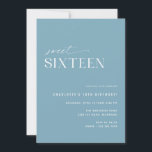 Convites Doce Azul Dusty Sessenta | 16.o aniversário simple<br><div class="desc">Convites de festas de aniversários elegantes e modernos com um design fora do centro. Cor azul-aérea com um padrão divertido de "16" no verso. (O padrão do lado reverso pode ser removido,  se desejar,  usando a ferramenta design.)</div>