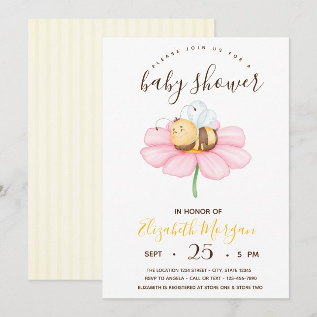 Convites Doce Bebê Abelha,Listras Baby Shower  (Frente/Verso)