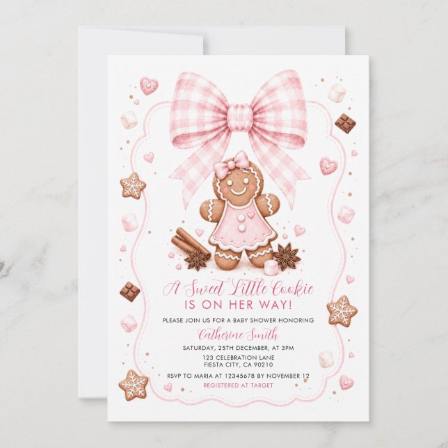 Convites Doce Biscoitinho Rosa Chamada de Chá de Bebê de Pã (Frente)