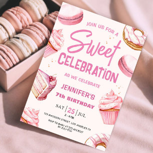 Convites Doce Celebração Donuts Rosa Menina 7º Aniversário