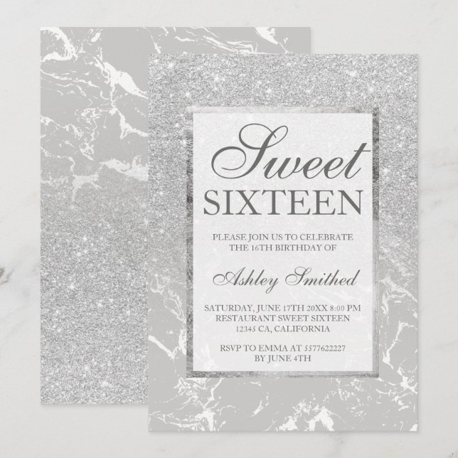 Convites Doce chique elegante 16 do brilho de mármore das (Frente/Verso)