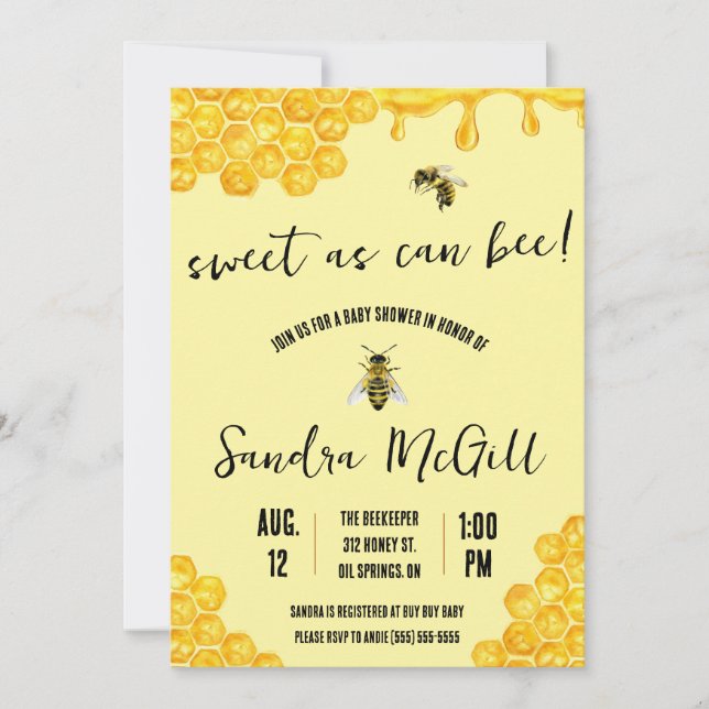 Convites Doce como a Abelha! Abelha de mel, Chá de fraldas (Frente)