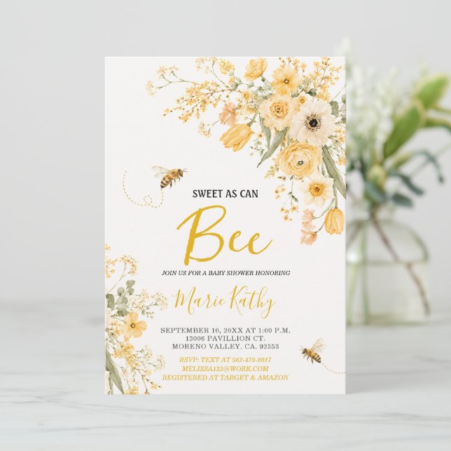 Convites Doce Como Abelha Flores Amarelas Chás de Bebê (Em pé/Frente)